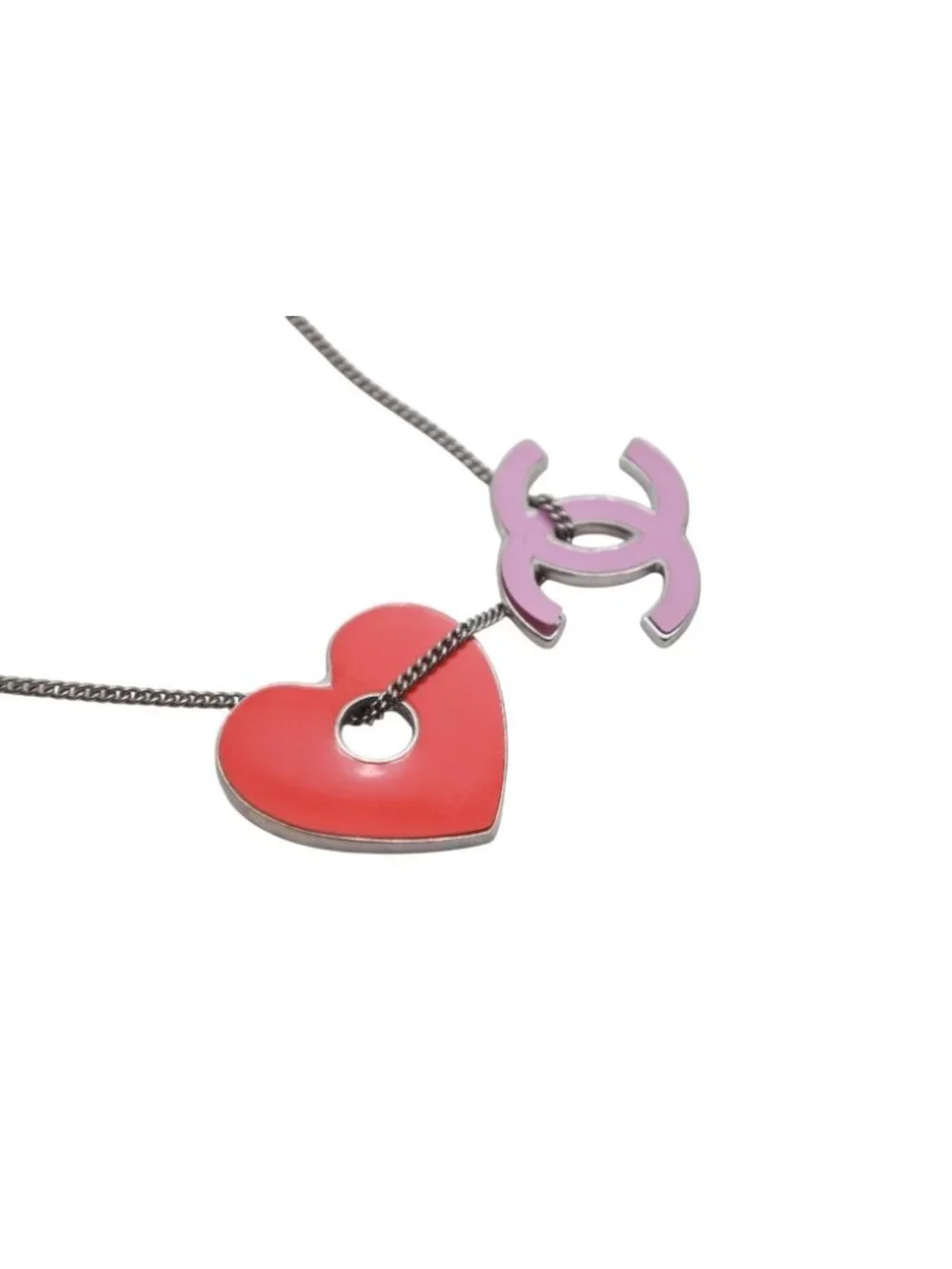 Chanel CC Logo Heart Necklace Metal Pink Red Silver